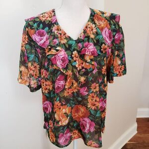 𝅺VTG 90s Colorful Ruffle Floral Sheer Blouse